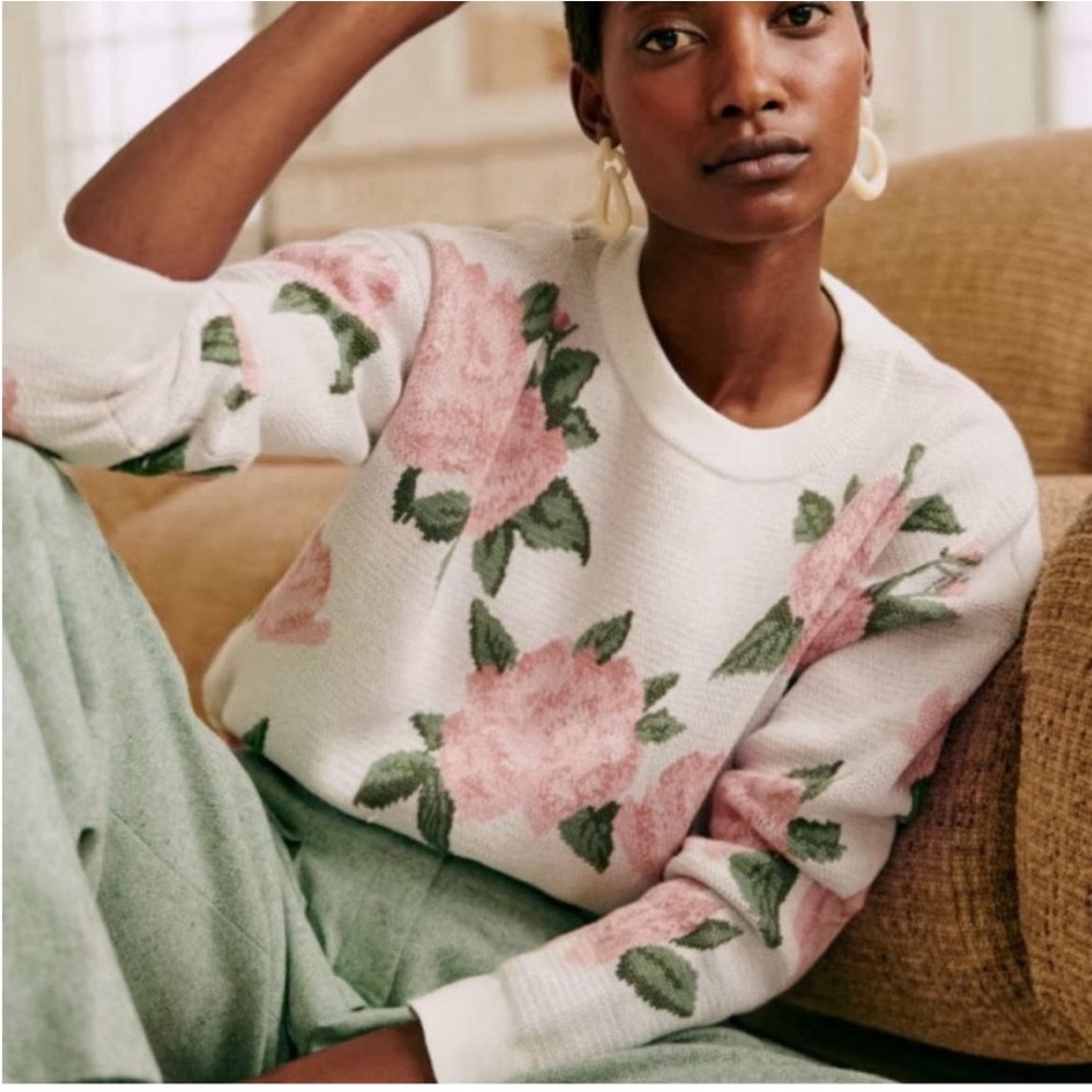 Sezane Adolie Floral Sweater Cotton Merino Wool Blend XS